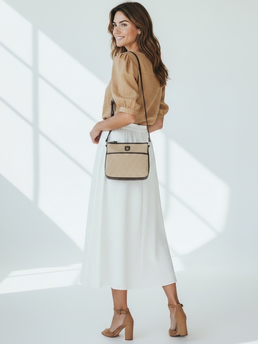 3/$25 Lina Tan Crochet Crossbody Bag With Dark Trim